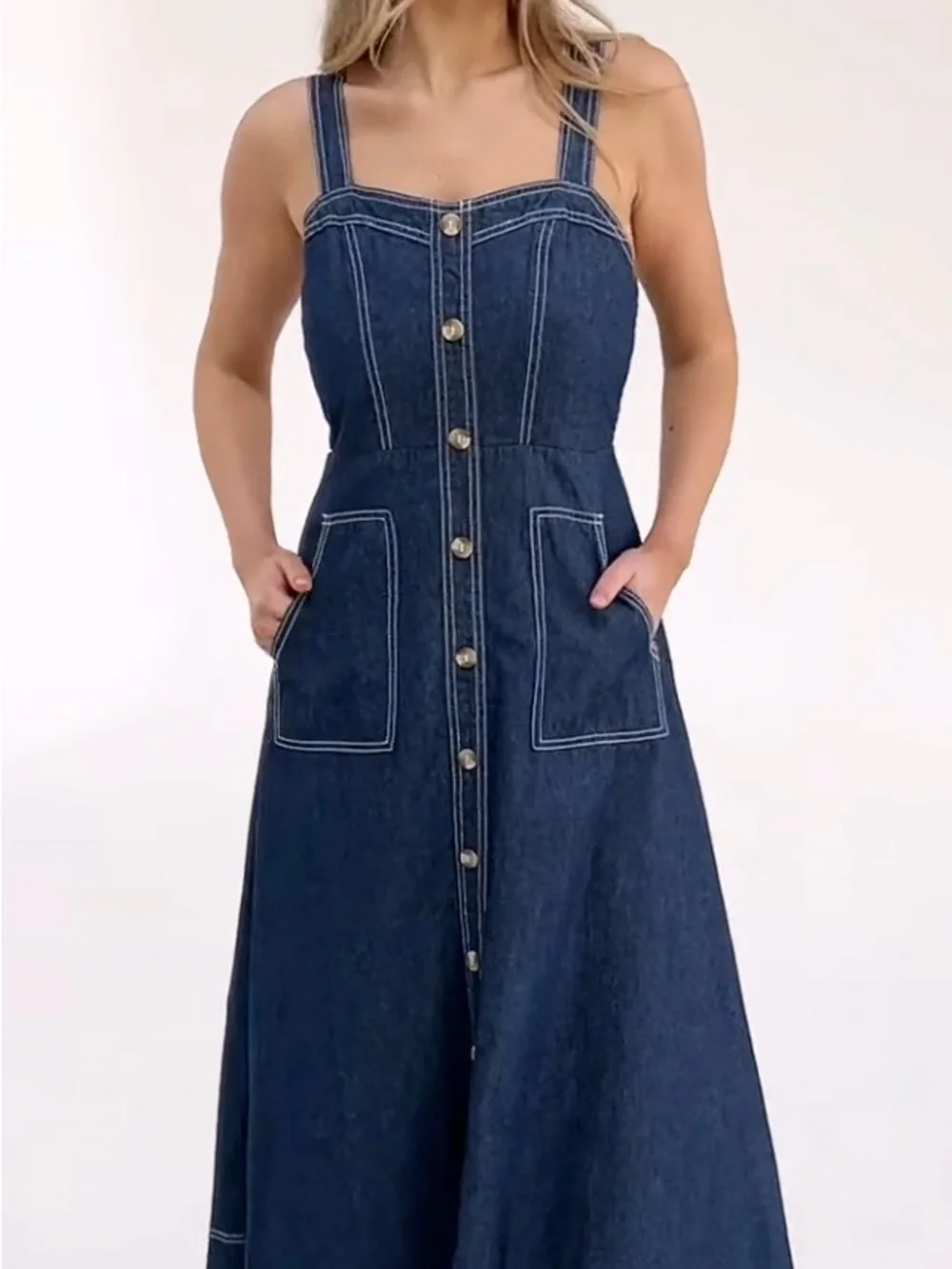 Button-Front Denim Maxi Dress with Square Neck - Blue